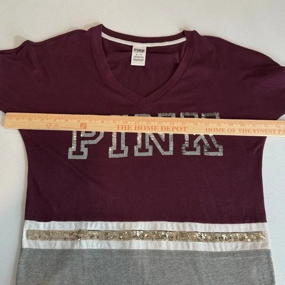 PINK Victoria's Secret Sequins V‎ Neck Long Sleeve Sweatshirt Burgundy XS - Picture 6 of 16